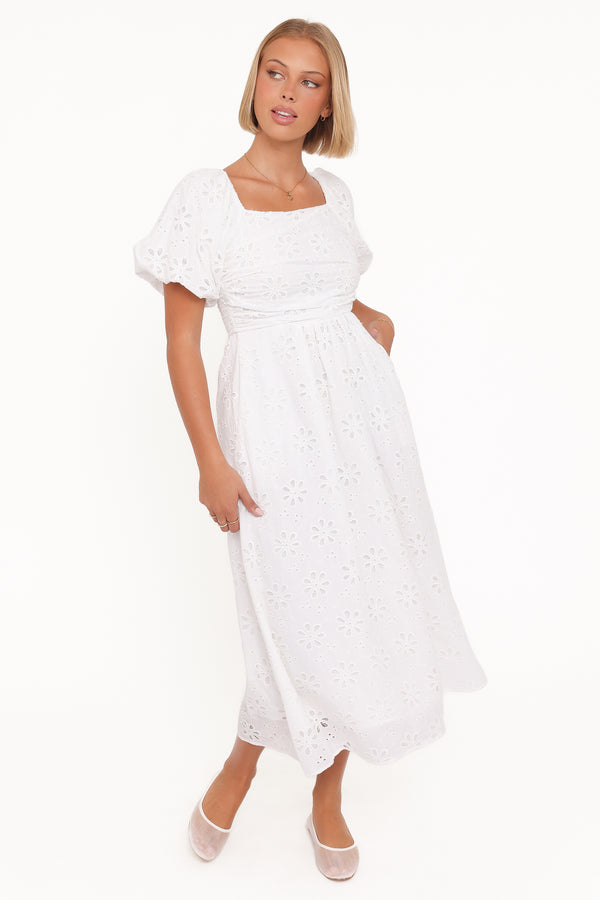 Petal and Pup USA DRESSES Clo Puff Sleeve Midi Dress - White Broderie