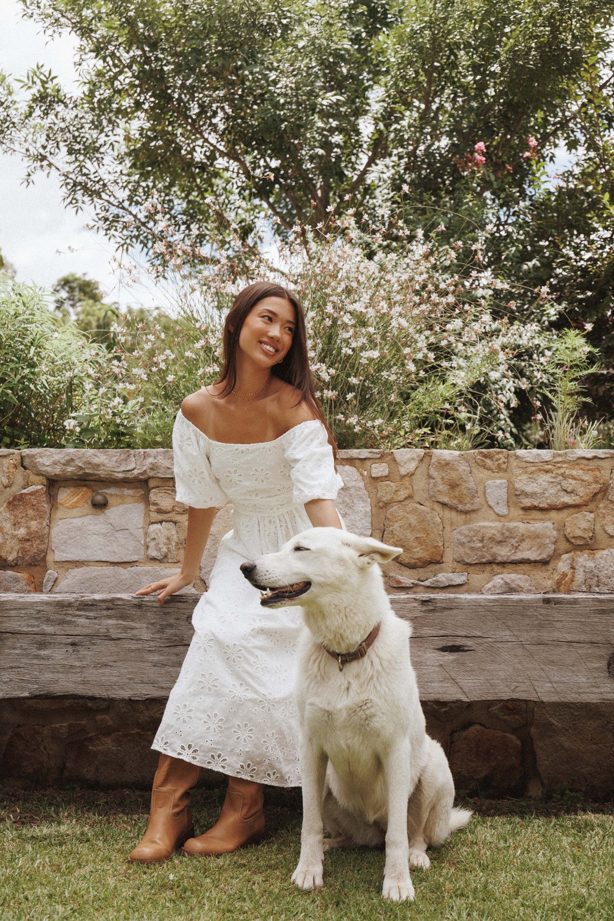 acacia broderie midi dress Clo Puff Sleeve Midi Dress - White Broderie