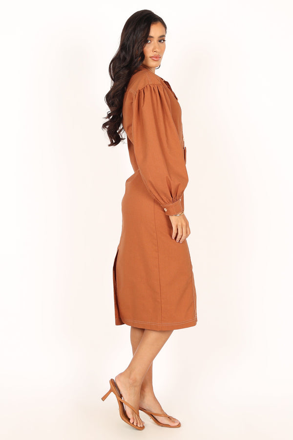 Petal and Pup USA DRESSES Coco Long Sleeve Midi Dress - Tan