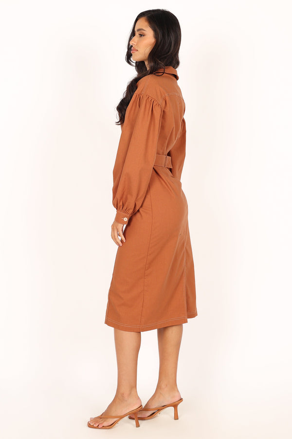 Petal and Pup USA DRESSES Coco Long Sleeve Midi Dress - Tan