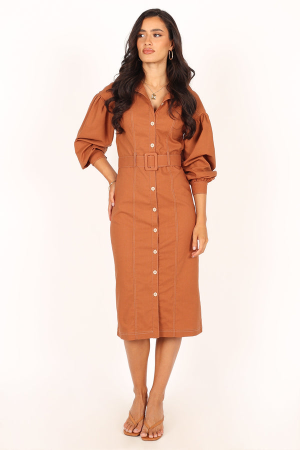 Petal and Pup USA DRESSES Coco Long Sleeve Midi Dress - Tan