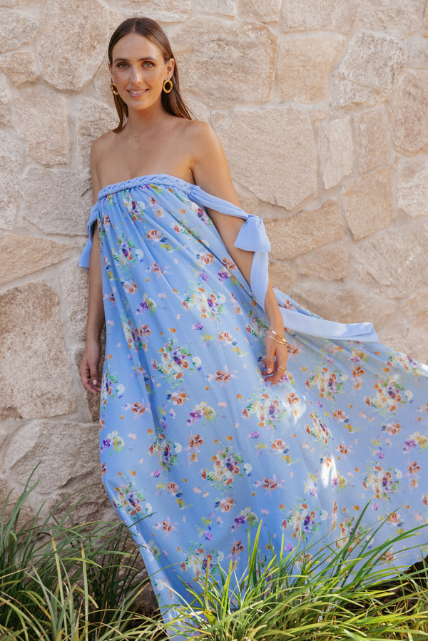 Petal and Pup USA DRESSES Codie Off Shoulder Maxi Dress - Cornflower Blue Floral