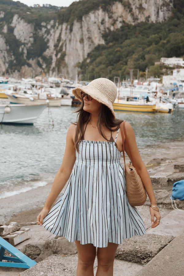 Petal and Pup USA DRESSES Cole Mini Dress - Blue/Brown Stripe