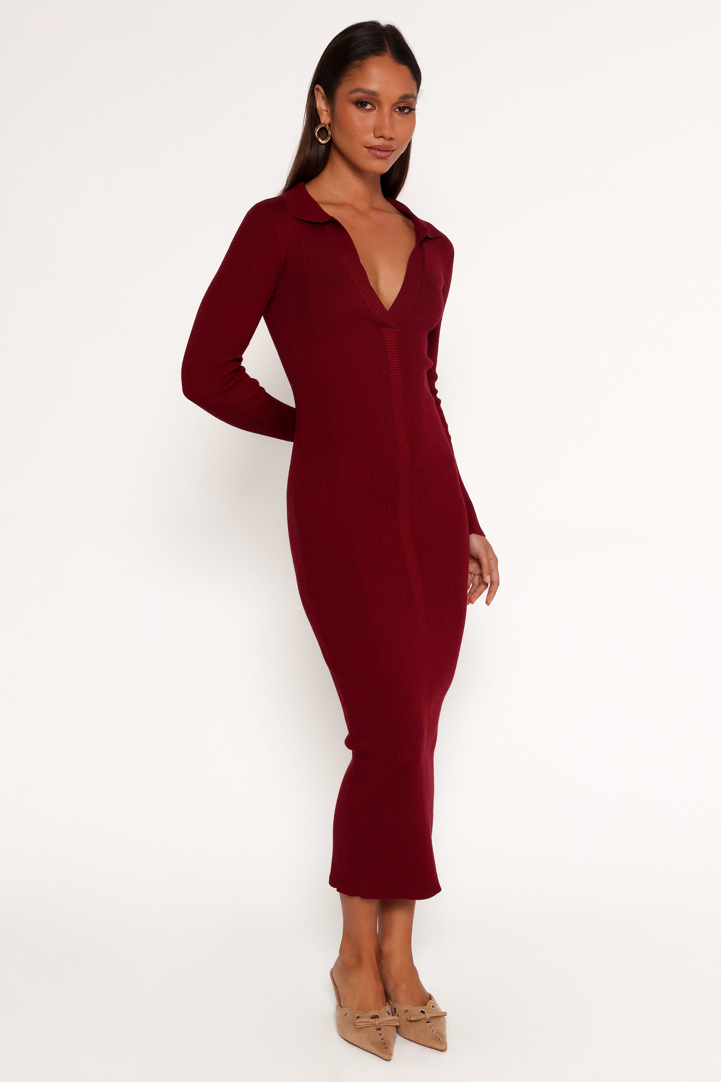 Petal and Pup USA DRESSES Collins Long Sleeve Midi Dress - Wine
