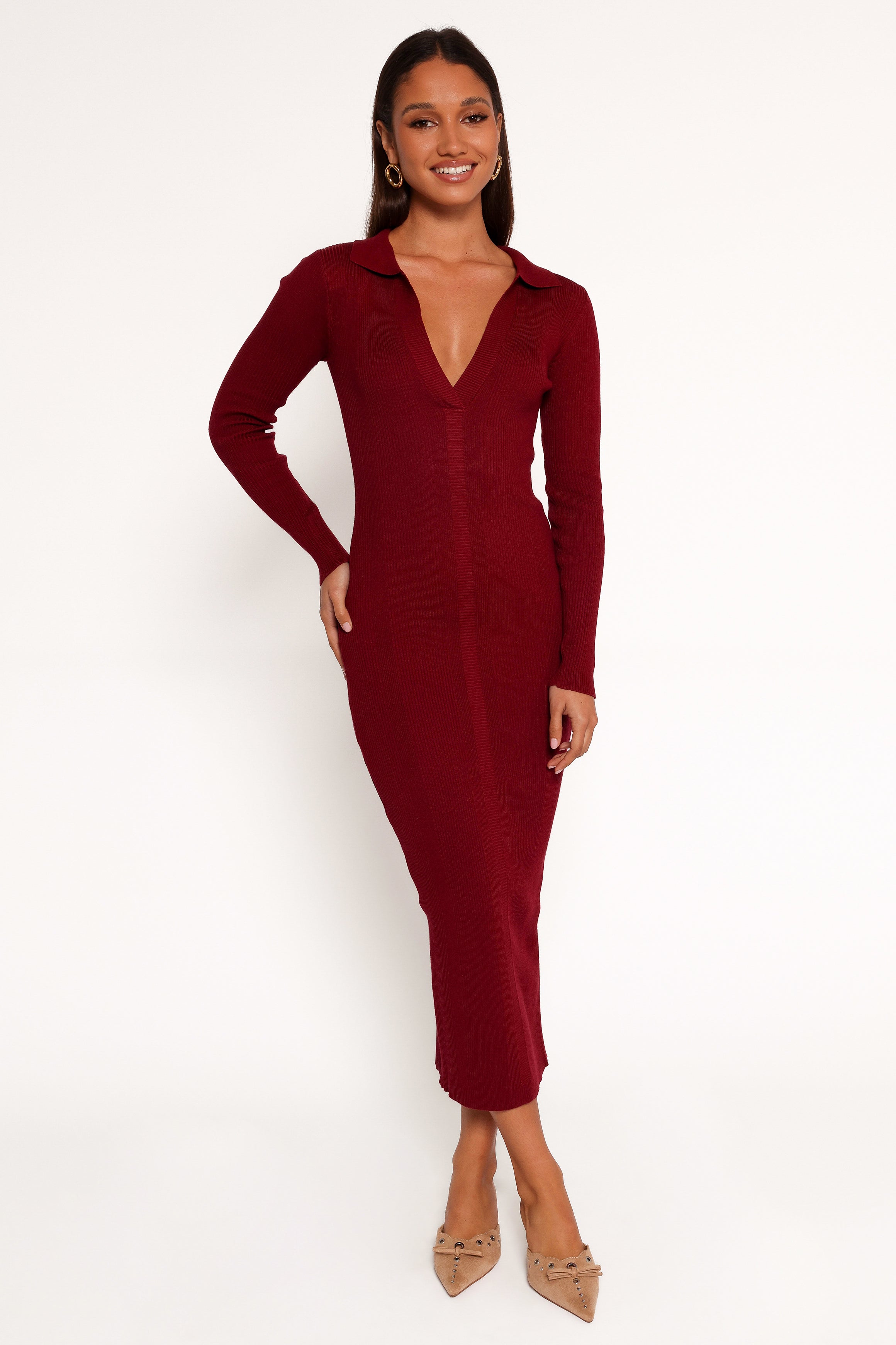Petal and Pup USA DRESSES Collins Long Sleeve Midi Dress - Wine