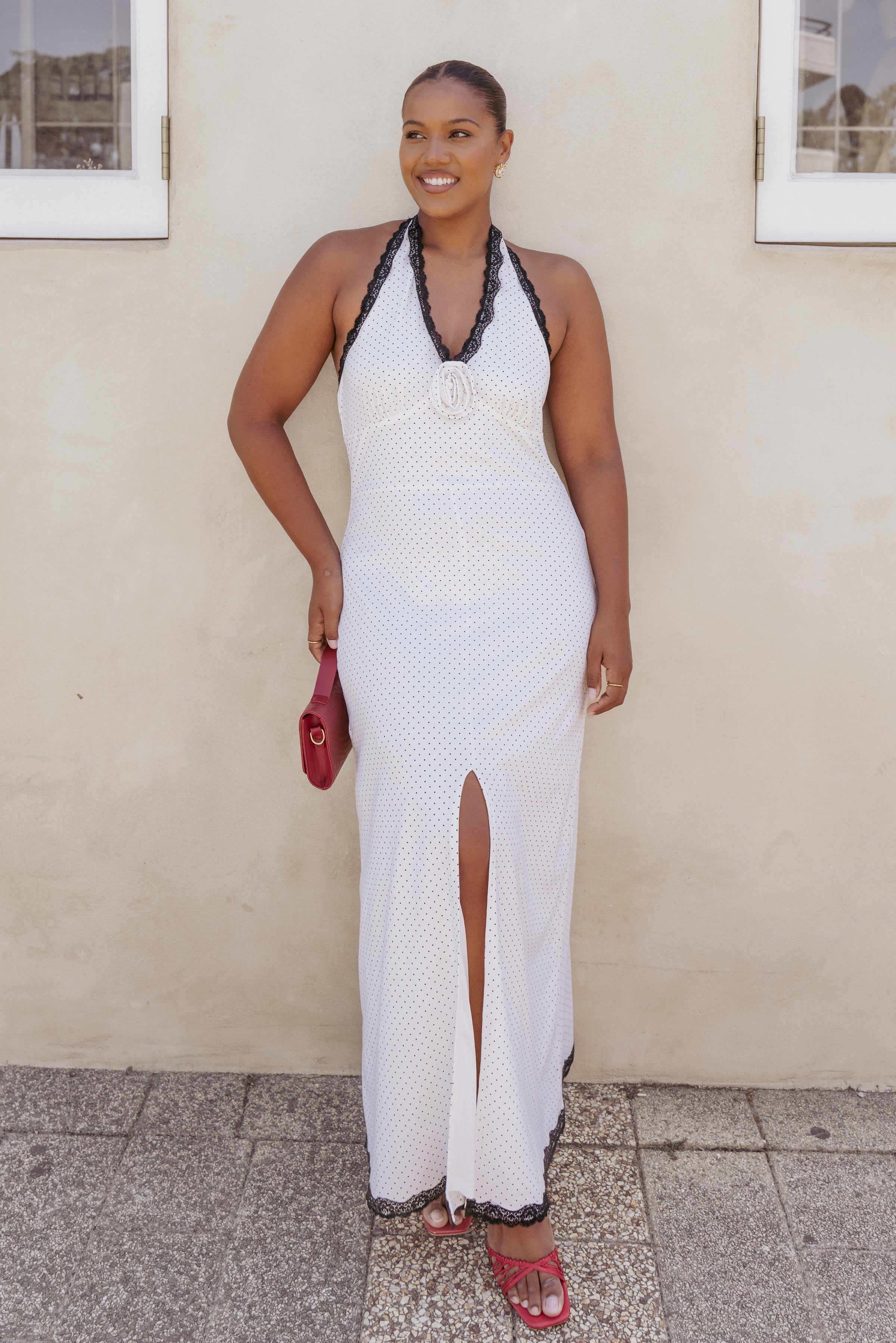 Petal and Pup USA DRESSES Conrad Halter Maxi Dress - White Polka Dot