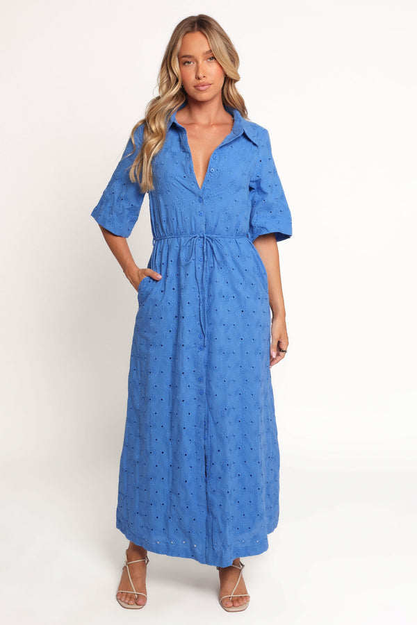 Petal and Pup USA DRESSES Cooper Embroidered Button Through Midi Dress - Cobalt