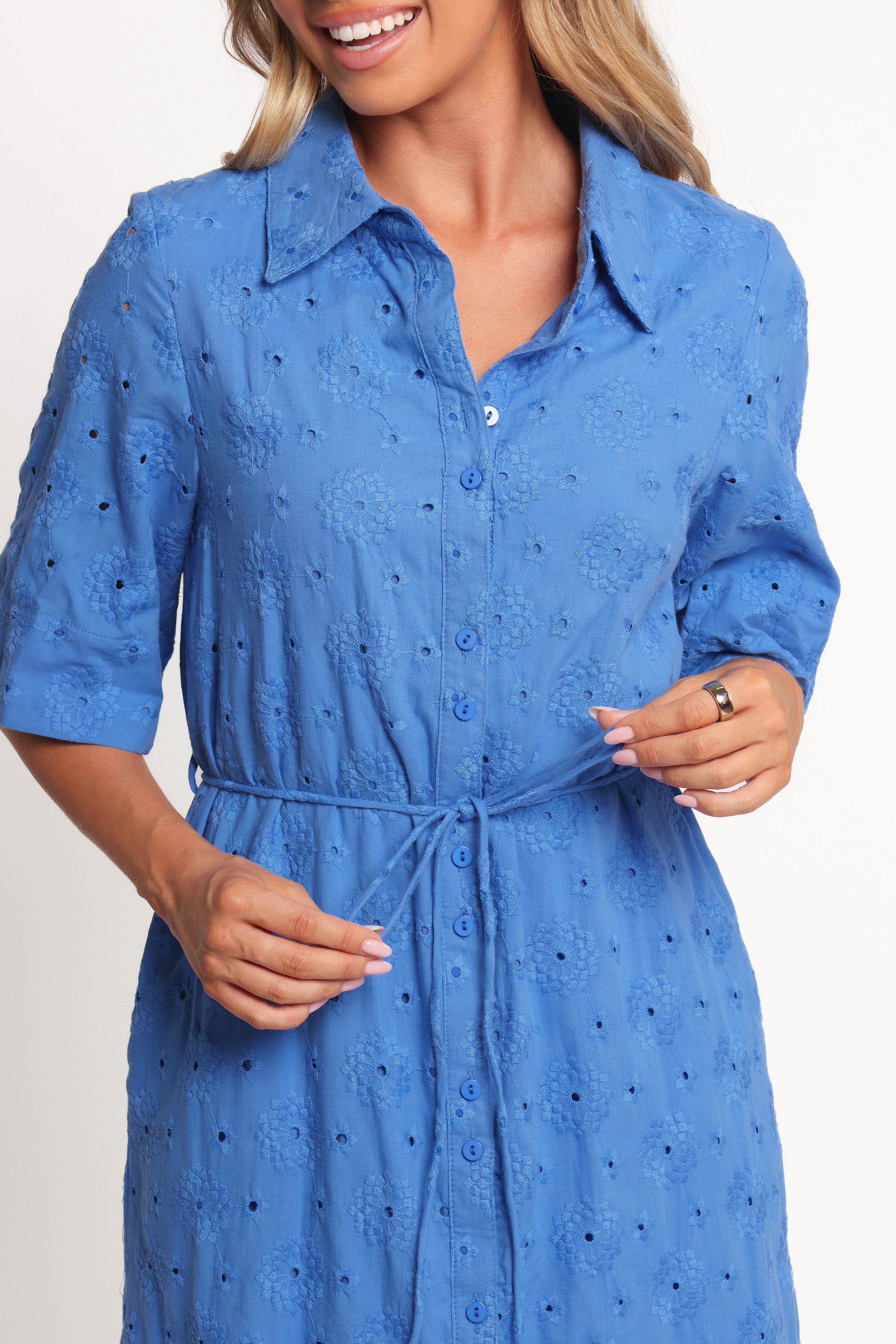 Petal and Pup USA DRESSES Cooper Embroidered Button Through Midi Dress - Cobalt
