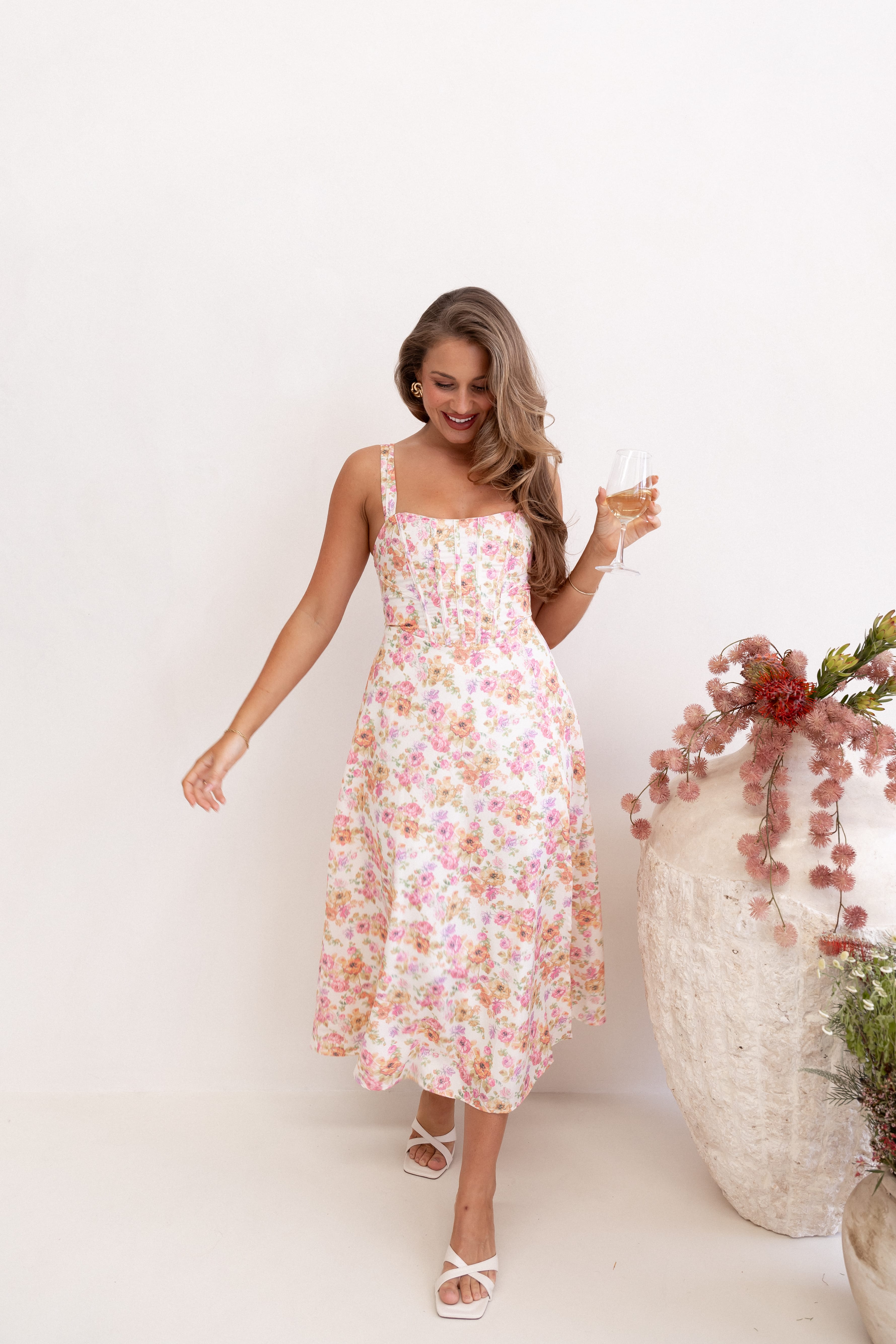 Petal and Pup USA DRESSES Cosima Midi Dress - Pink Floral