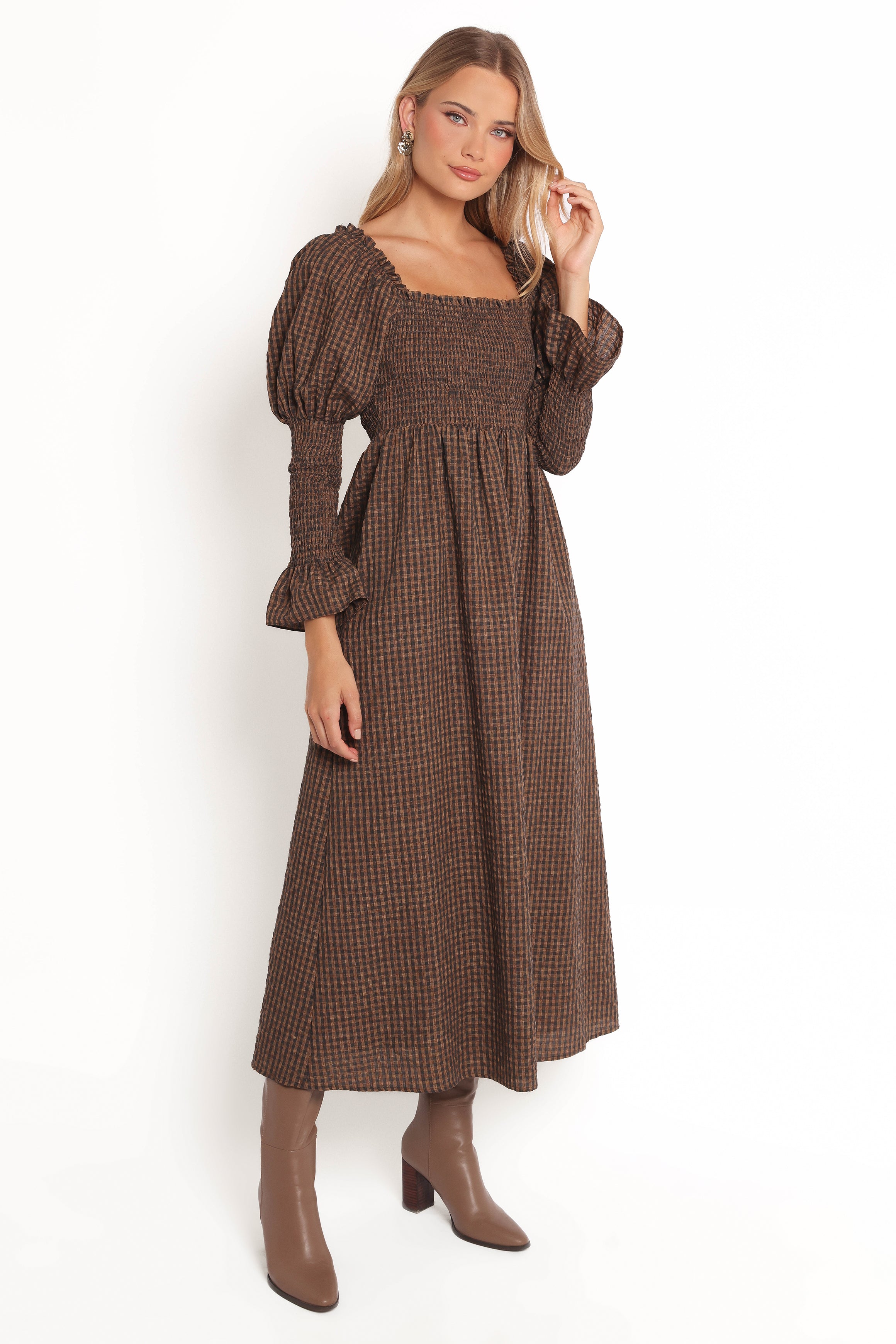 Petal and Pup USA DRESSES Cyrena Maxi Dress - Brown Check