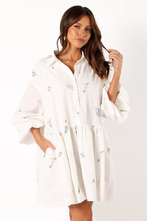 Petal and Pup USA DRESSES Daisy Long Sleeve Mini Dress - White Floral