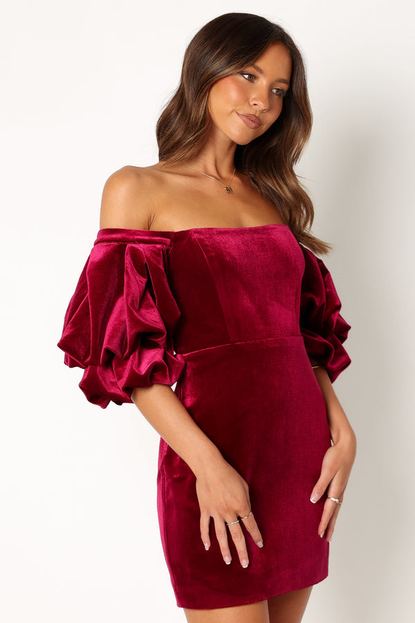 Petal and Pup USA DRESSES Dali Off Shoulder Velvet Mini Dress - Ruby