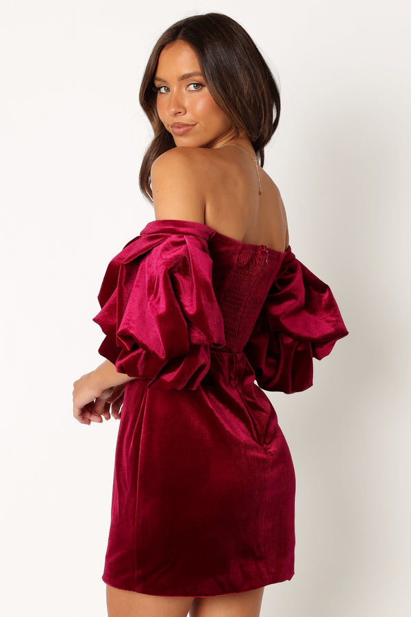 Petal and Pup USA DRESSES Dali Off Shoulder Velvet Mini Dress - Ruby