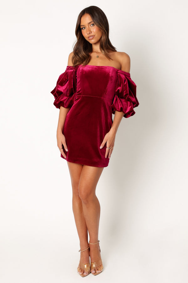 Petal and Pup USA DRESSES Dali Off Shoulder Velvet Mini Dress - Ruby