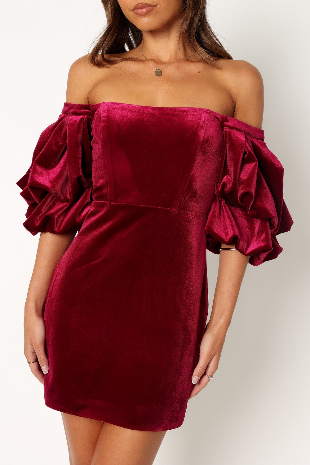 Petal and Pup USA DRESSES Dali Off Shoulder Velvet Mini Dress - Ruby