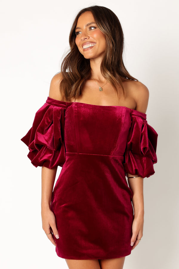 Petal and Pup USA DRESSES Dali Off Shoulder Velvet Mini Dress - Ruby