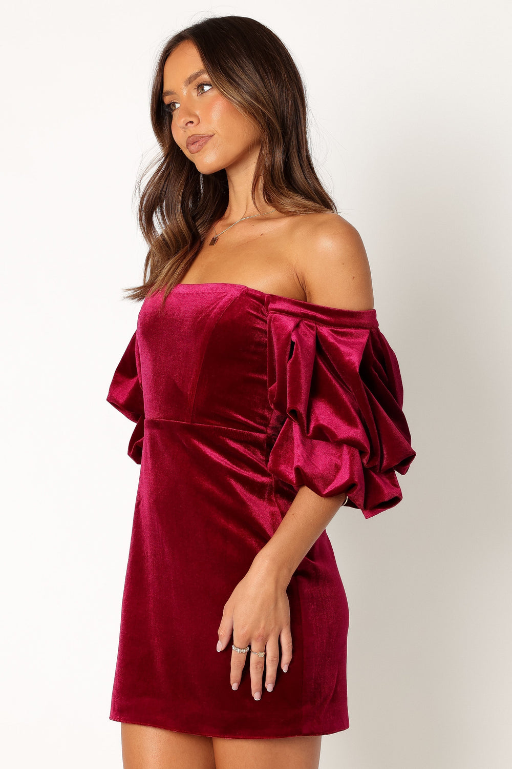 Petal and Pup USA DRESSES Dali Off Shoulder Velvet Mini Dress - Ruby