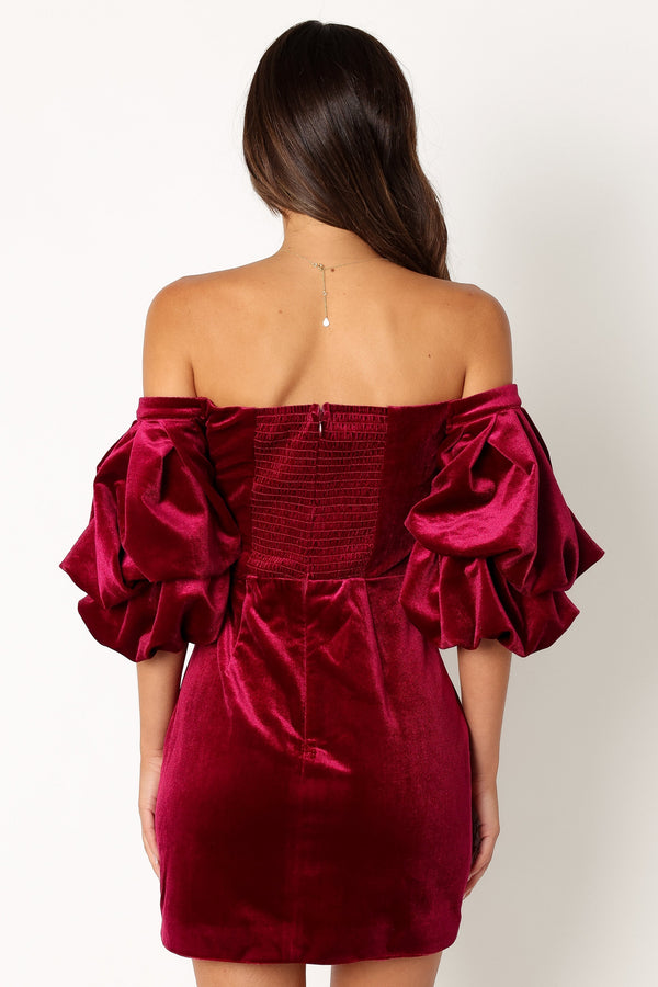 Petal and Pup USA DRESSES Dali Off Shoulder Velvet Mini Dress - Ruby