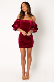 Petal and Pup USA DRESSES Dali Off Shoulder Velvet Mini Dress - Ruby