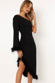 Petal and Pup USA DRESSES Dame One Shoulder Feather Midi Dress - Black