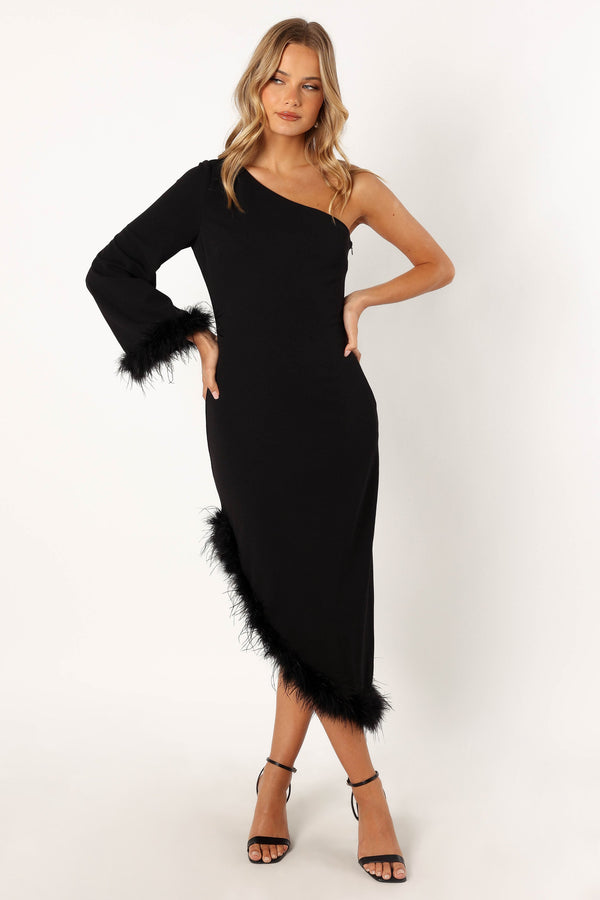 Petal and Pup USA DRESSES Dame One Shoulder Feather Midi Dress - Black