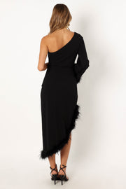 Petal and Pup USA DRESSES Dame One Shoulder Feather Midi Dress - Black