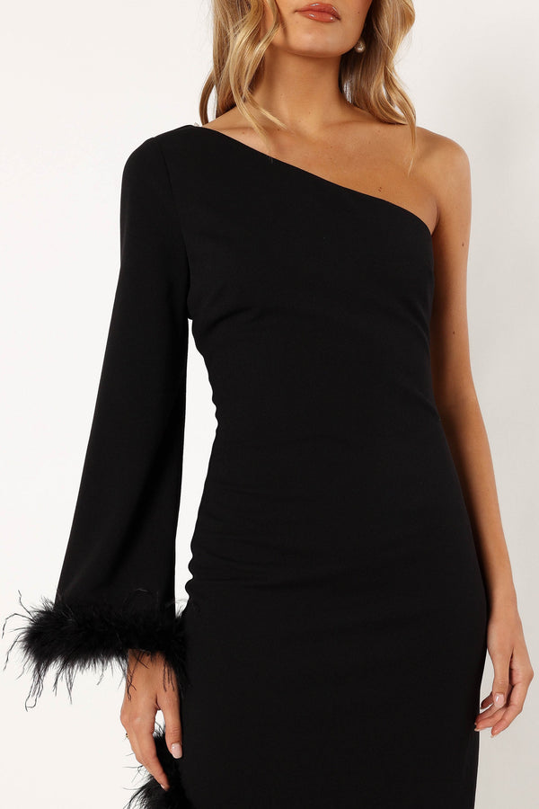 Petal and Pup USA DRESSES Dame One Shoulder Feather Midi Dress - Black