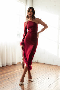 Petal and Pup USA DRESSES Dame One Shoulder Midi Dress - Deep Wine