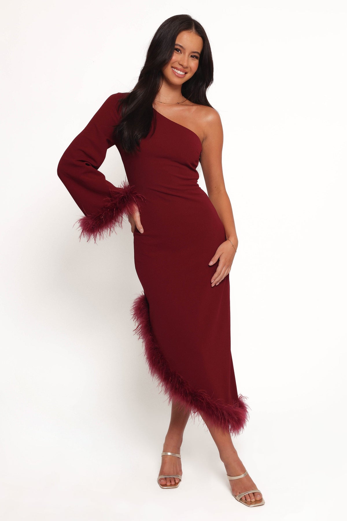 burgundy dress with feathers Gothic Burgundy Sequin Evening Dress with Feathered Sleeves