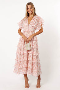 Petal and Pup USA DRESSES Daphne Ruffle Midi Dress - Pink Orange