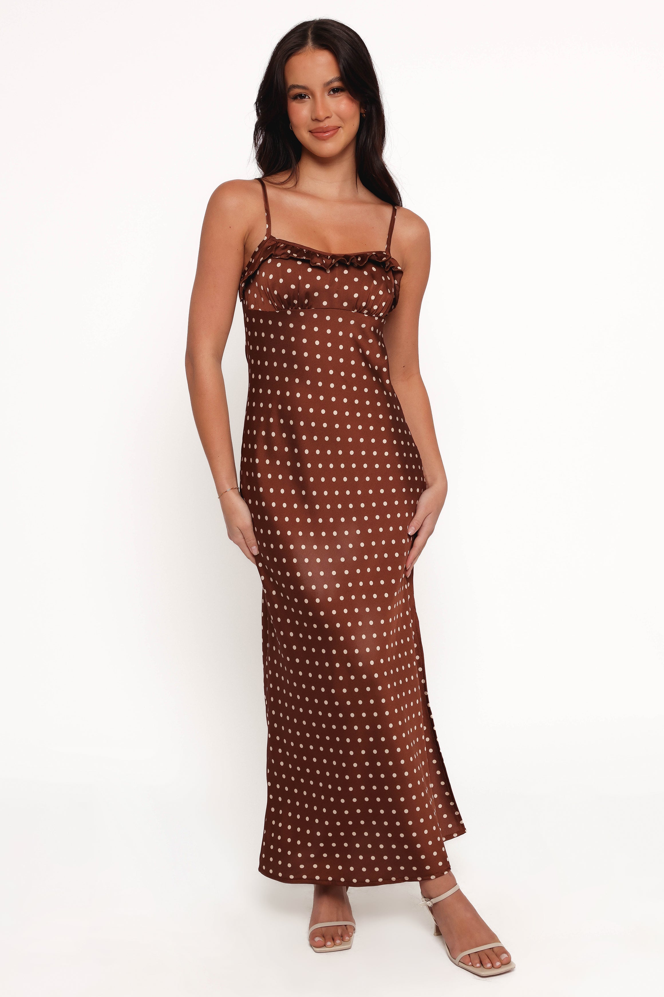 Petal and Pup USA DRESSES Dara Midi Dress - Brown Polka Dot