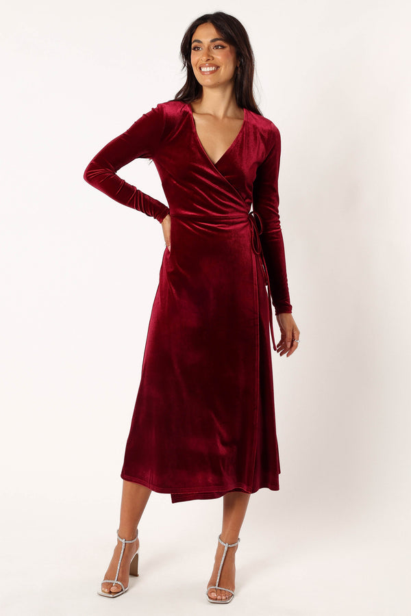 Petal and Pup USA DRESSES Darby Long Sleeve Midi Dress - Burgundy