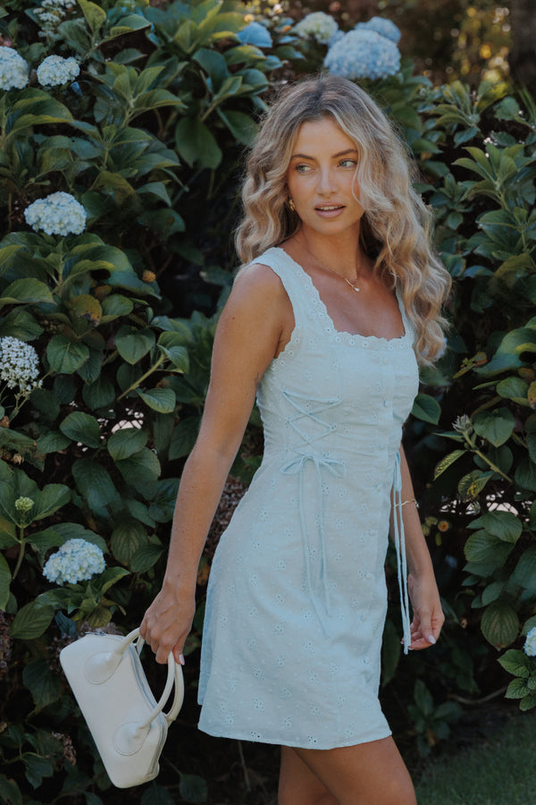 Petal and Pup USA DRESSES Davida Mini Dress - Pale Blue Broderie