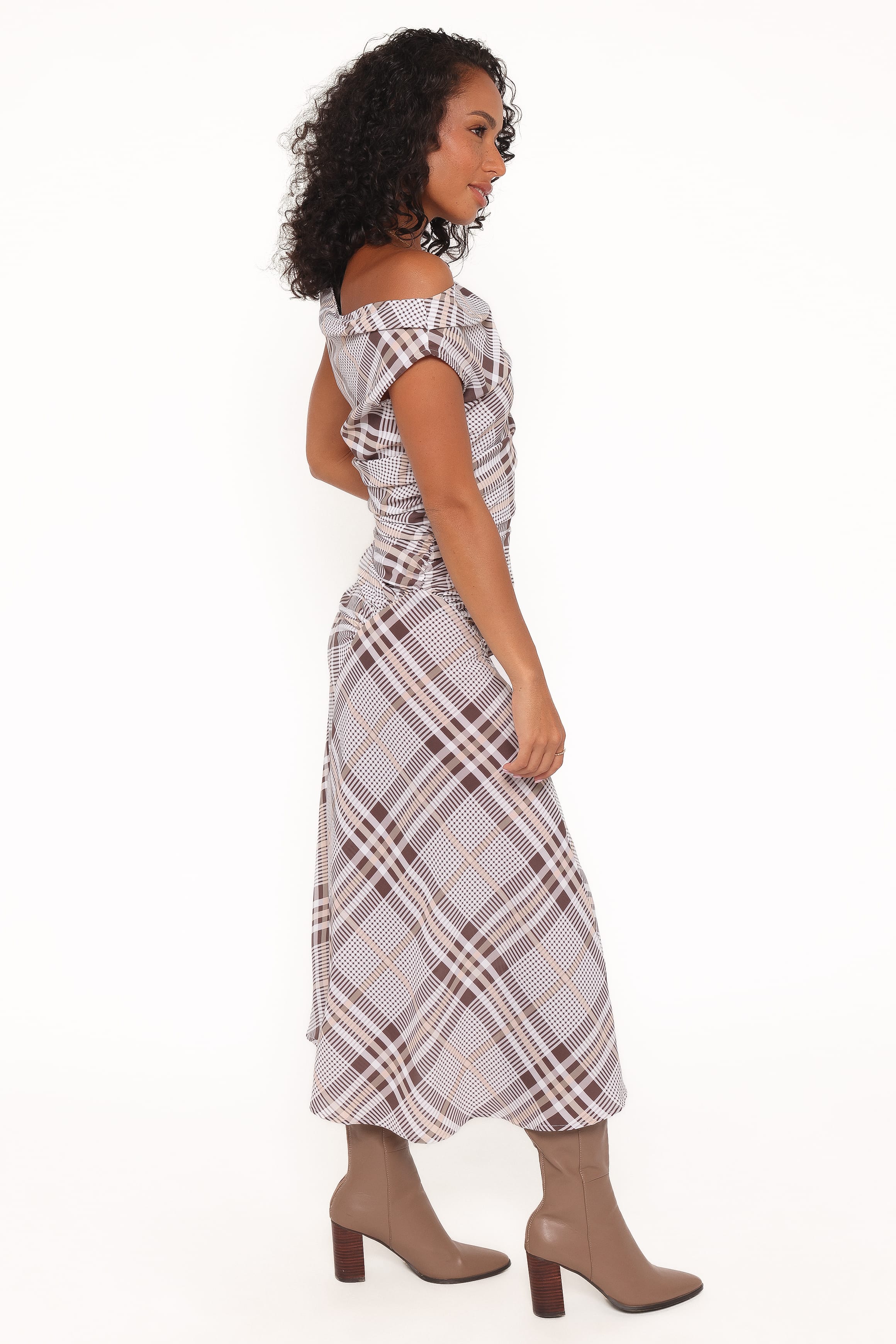 Petal and Pup USA DRESSES Dawn Off Shoulder Midi Dress - Plaid