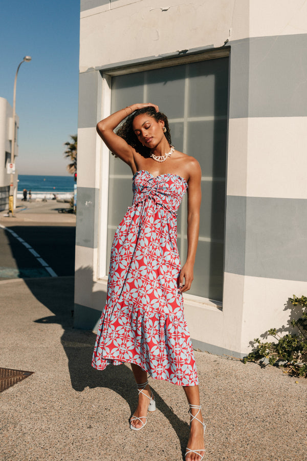 Petal and Pup USA DRESSES Dayton Strapless Midi Dress - Red Blue