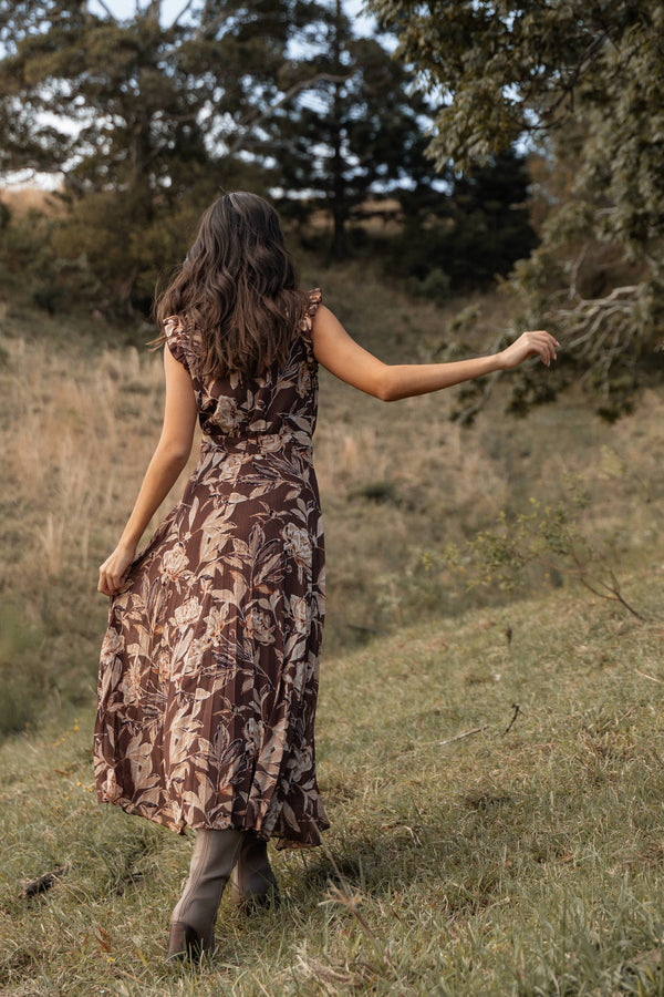 Petal and Pup USA DRESSES Delphine Maxi Dress - Brown Floral