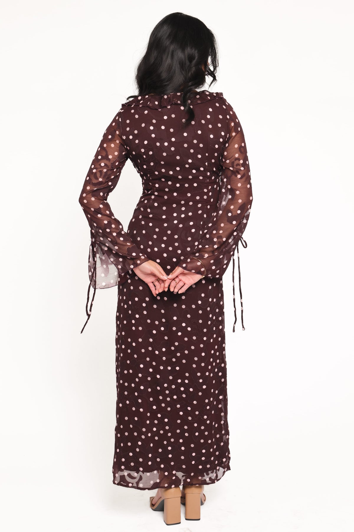 terracotta polka dot ruched front long sleeve bodycon dress Delta Maxi Dress