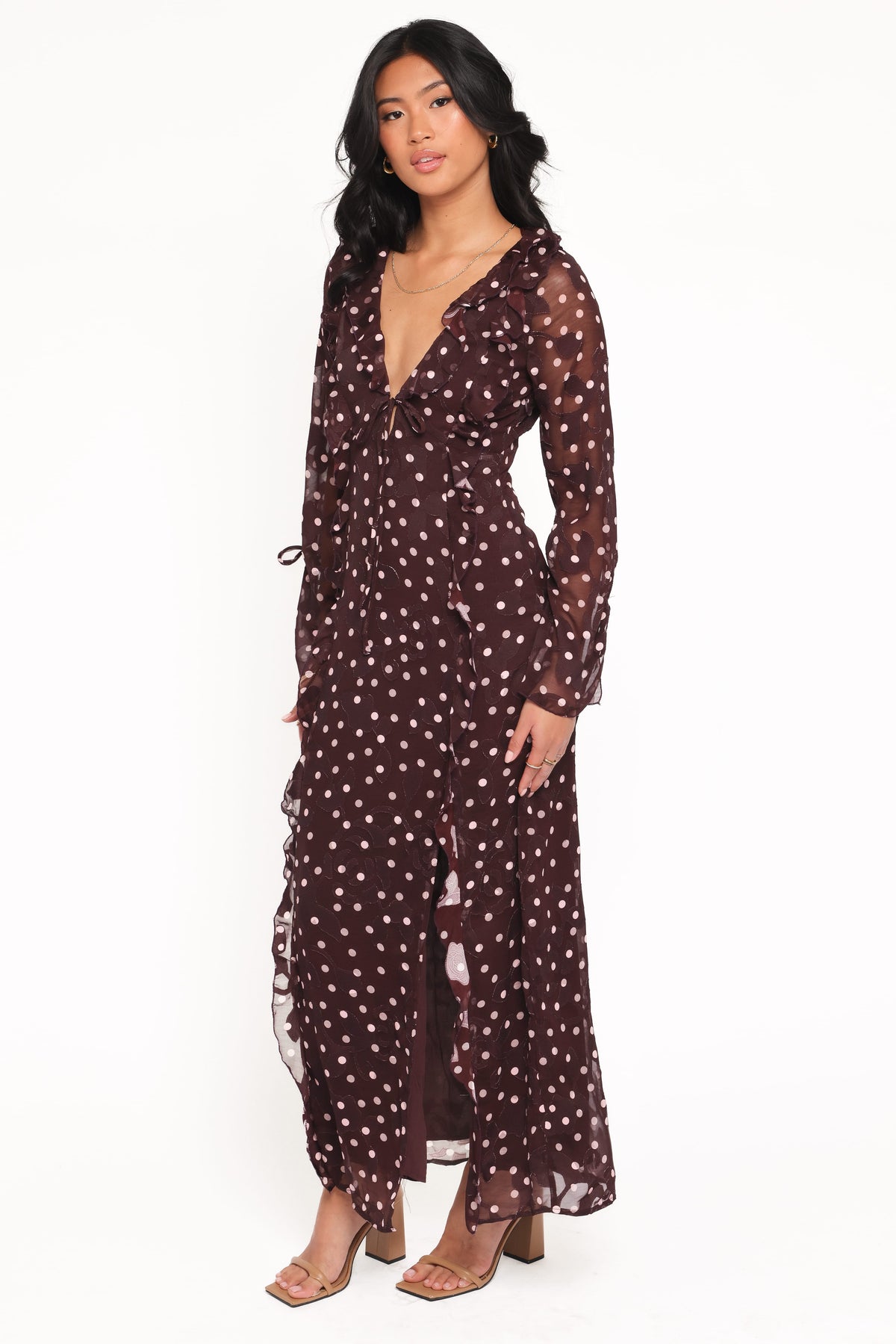 terracotta polka dot ruched front long sleeve bodycon dress Delta Maxi Dress