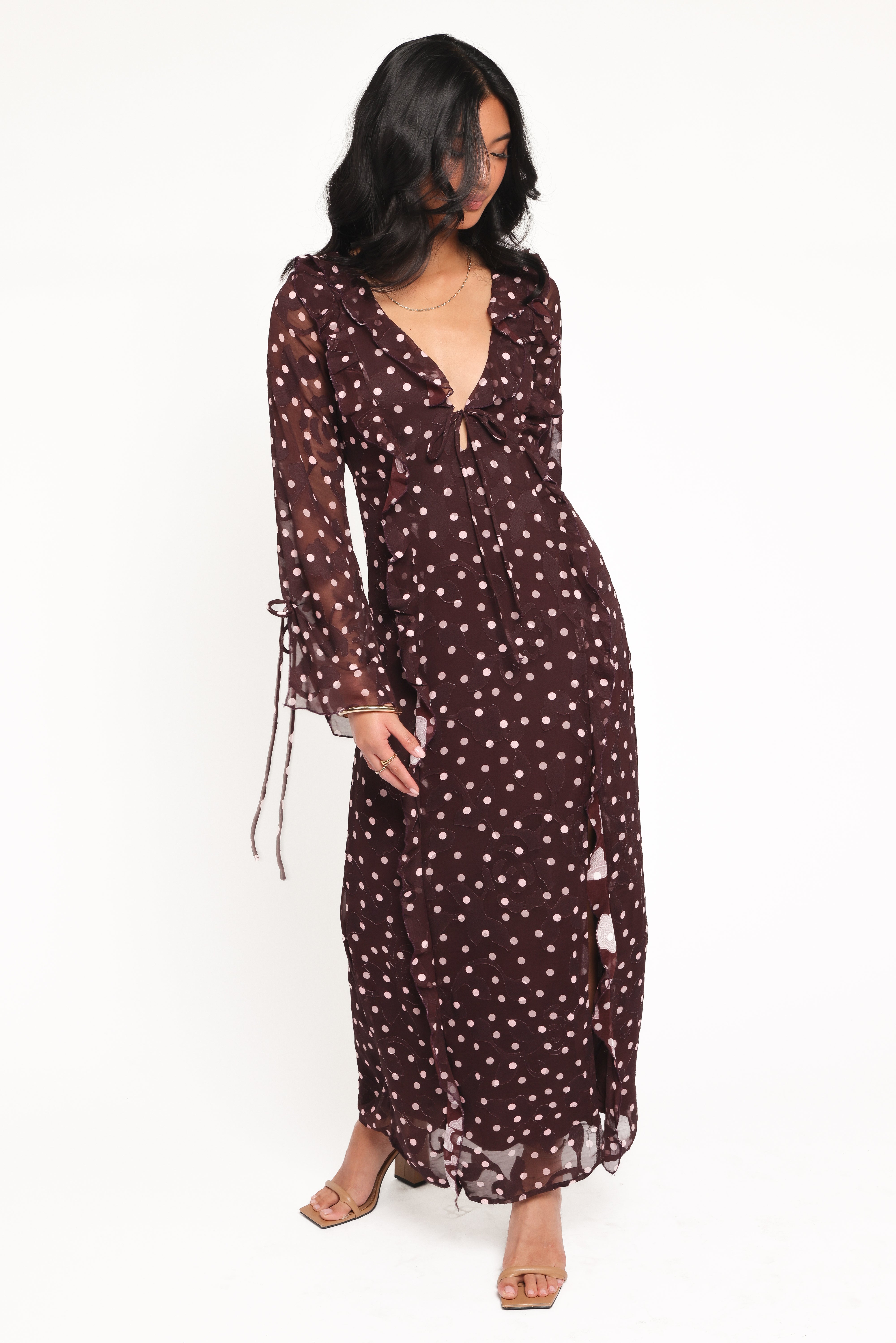 Petal and Pup USA DRESSES Delta Maxi Dress - Plum Polka Dot