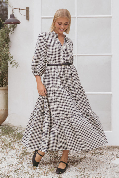 beige gingham midi dress Dixon Maxi Dress - Black Cream Gingham