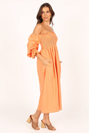 Petal and Pup USA DRESSES Domenica Off Shoulder Midi Dress - Orange