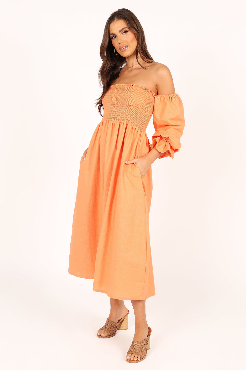 Petal and Pup USA DRESSES Domenica Off Shoulder Midi Dress - Orange