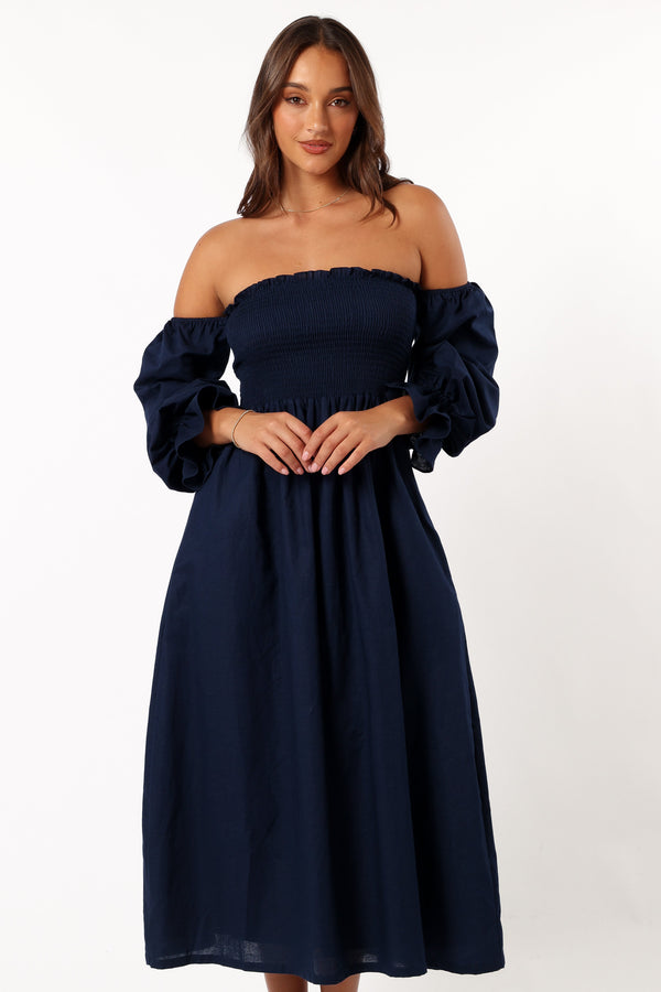 Petal and Pup USA DRESSES Domenica Shirred Long Sleeve Dress - Navy