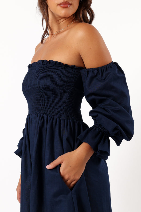 Petal and Pup USA DRESSES Domenica Shirred Long Sleeve Dress - Navy