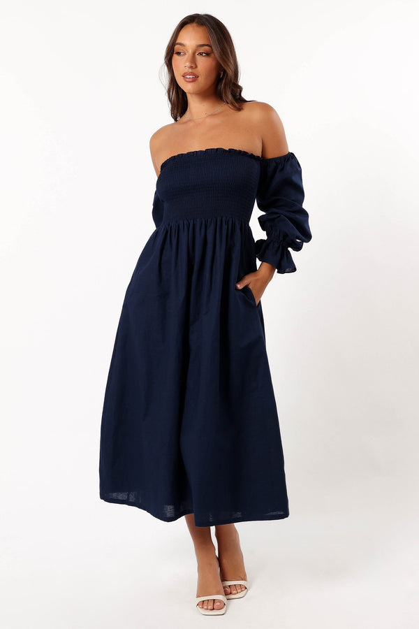 Petal and Pup USA DRESSES Domenica Shirred Long Sleeve Dress - Navy