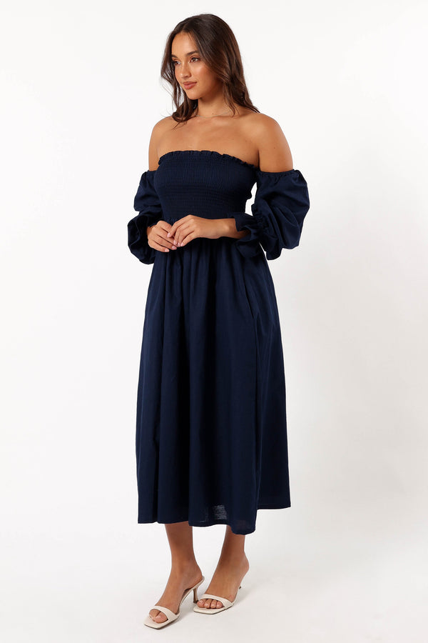 Petal and Pup USA DRESSES Domenica Shirred Long Sleeve Dress - Navy