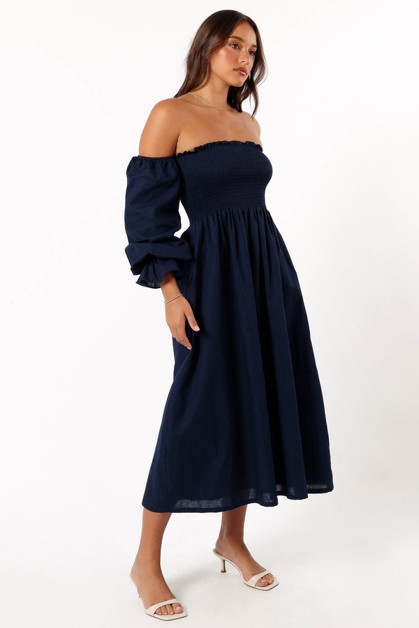 Petal and Pup USA DRESSES Domenica Shirred Long Sleeve Dress - Navy