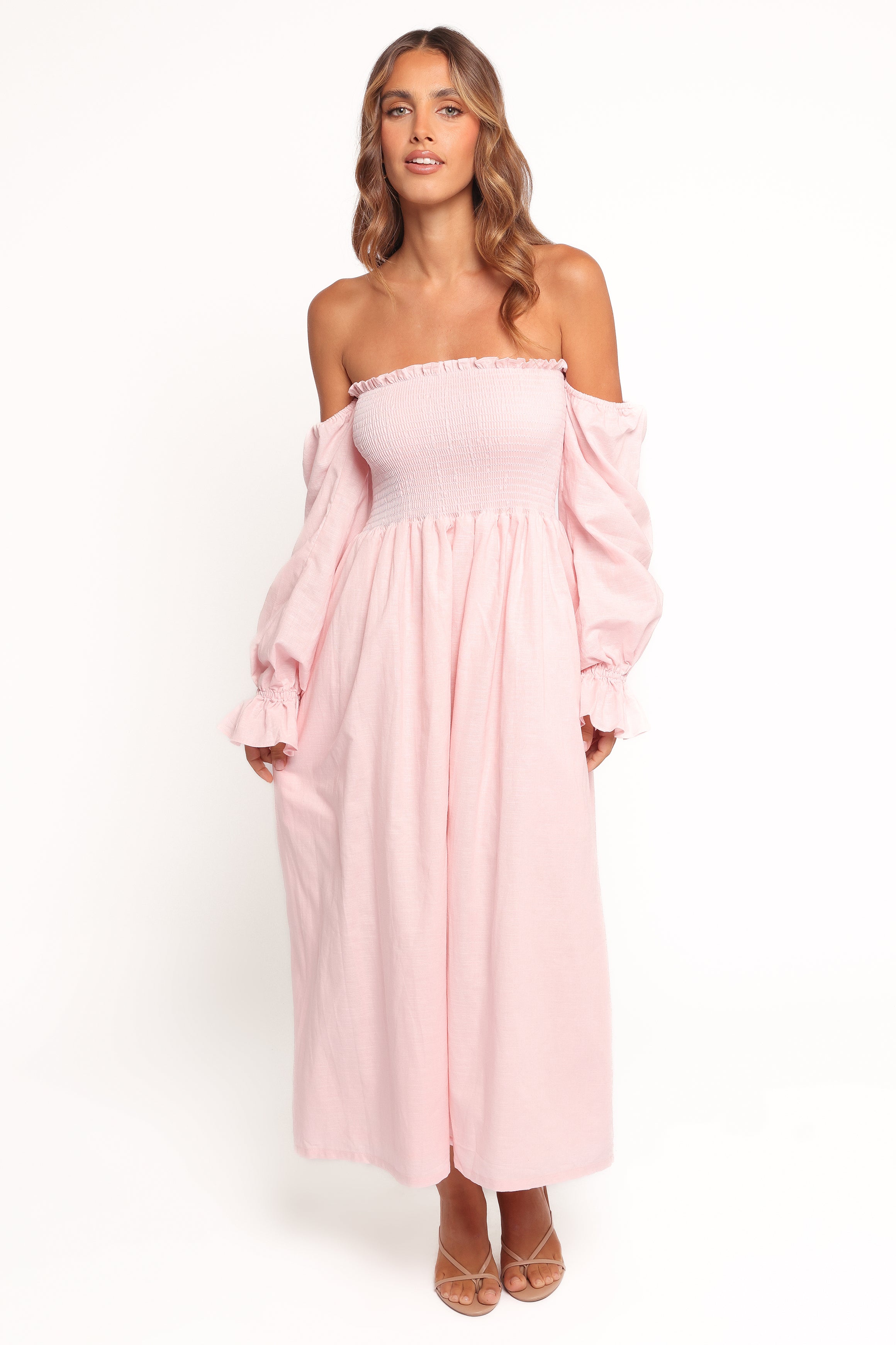 Petal and Pup USA DRESSES Domenica Shirred Long Sleeve Midi Dress - Pink