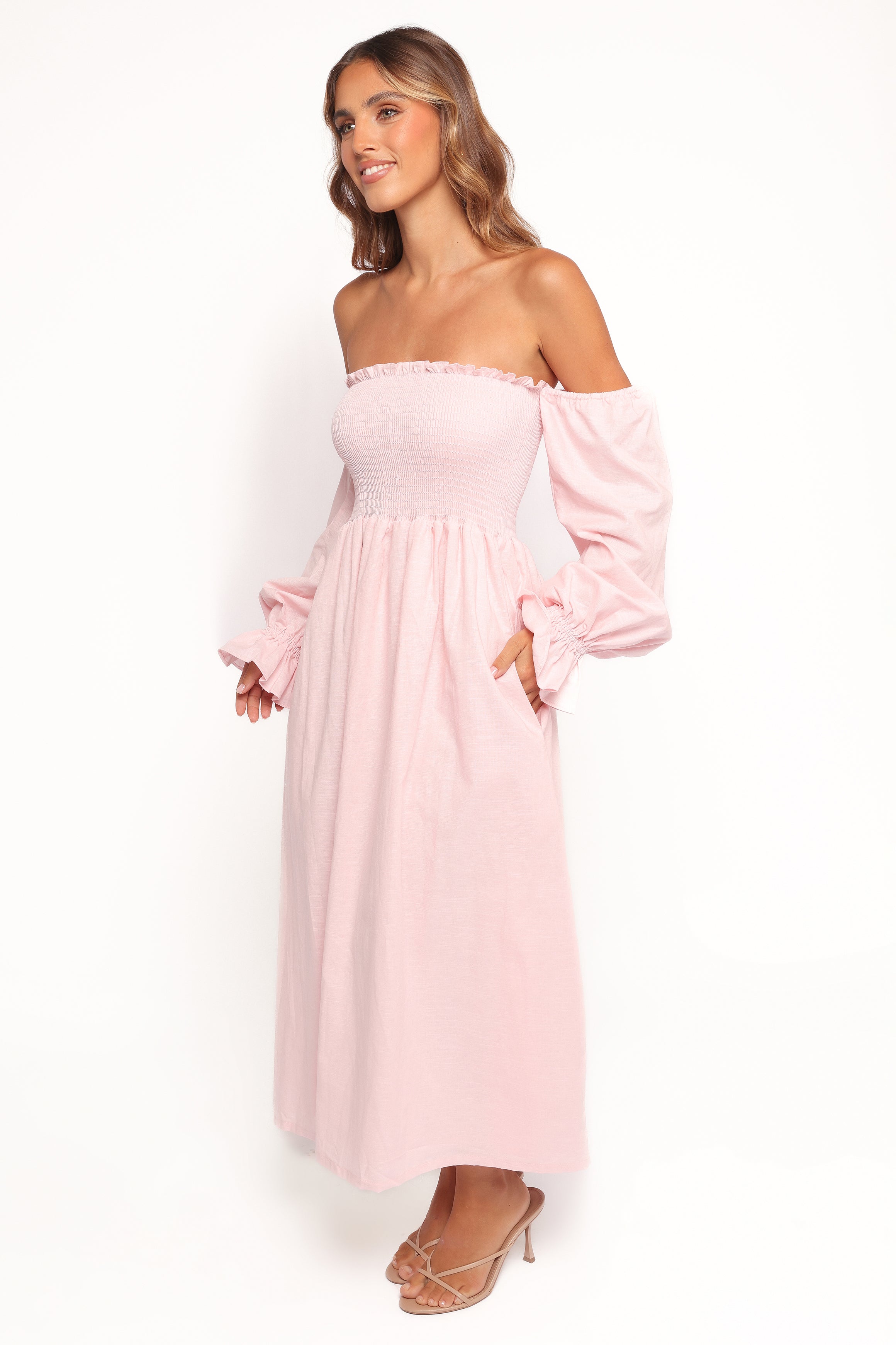 Petal and Pup USA DRESSES Domenica Shirred Long Sleeve Midi Dress - Pink