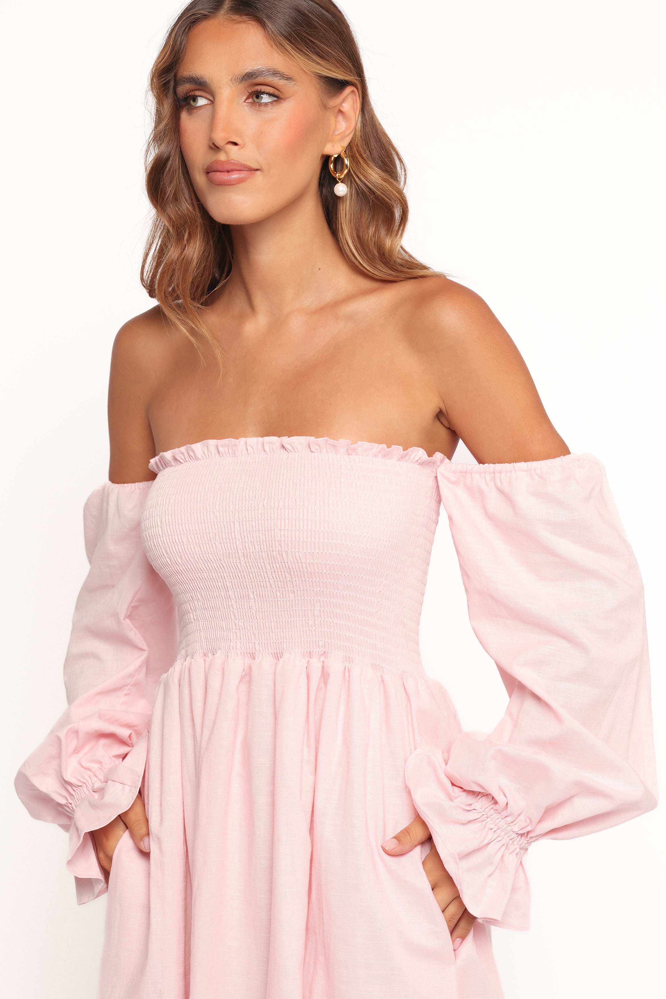 Petal and Pup USA DRESSES Domenica Shirred Long Sleeve Midi Dress - Pink